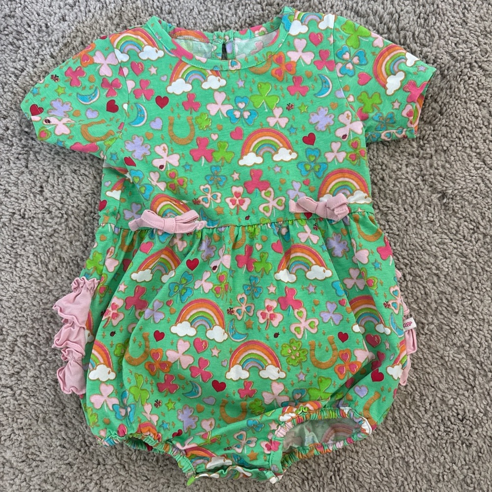 Ruffle Butts Green Rainbow Shamrock & Clover Baby Bubble Romper